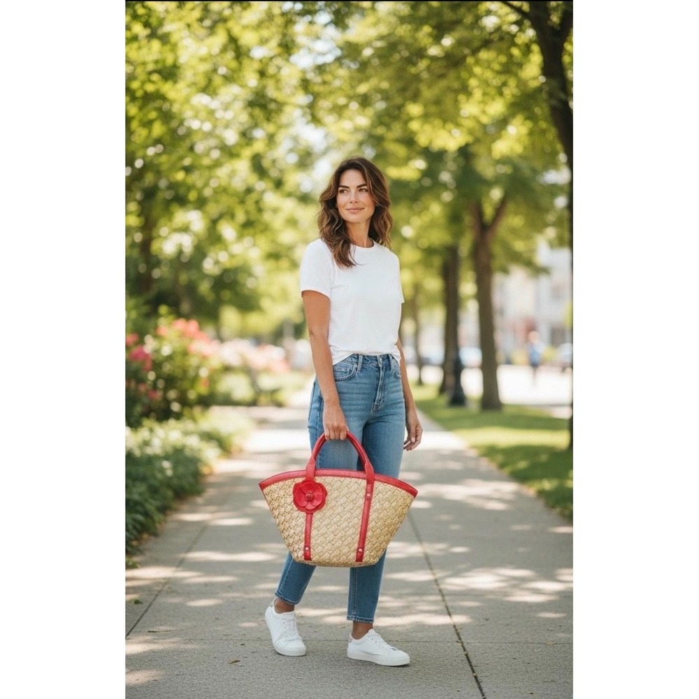 Coldwater Creek Woven Straw Tote Bag Red Leather Trim Flower Accent  Vacation